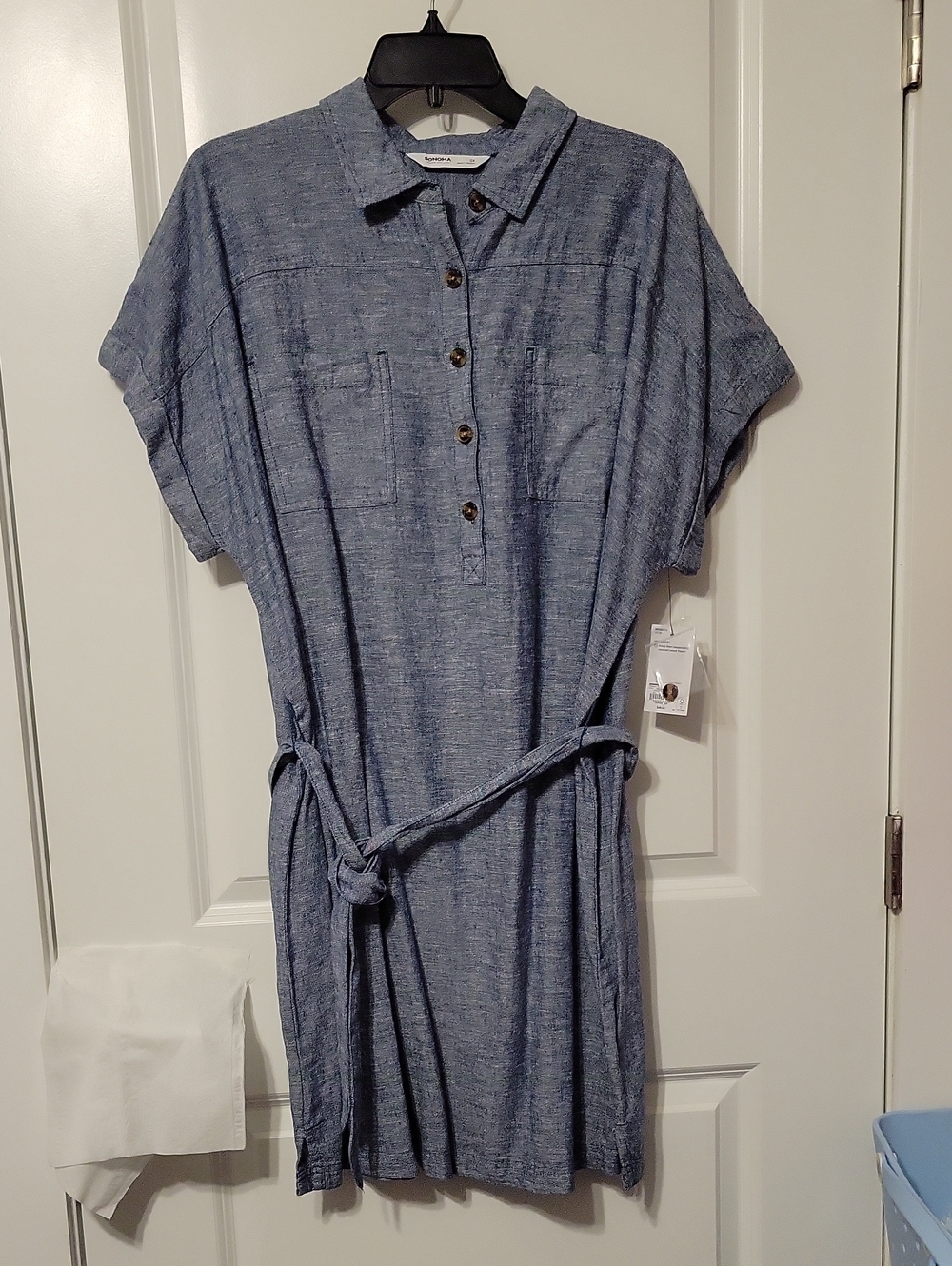Sonoma Women's 0X Heather Blue Linen/rayon Dress, S/S, Collar, W/tie Belt. NWT.